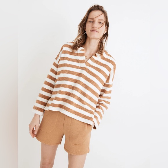 Madewell MWL Loop Terry Notched Sweatshirt Tan and White Women’s - Picture 2 of 5